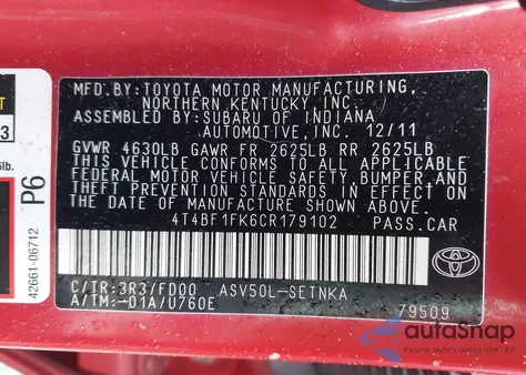 2012 Toyota Camry Le z USA, uszkodzony, nr VIN 4T4BF1FK6CR179102